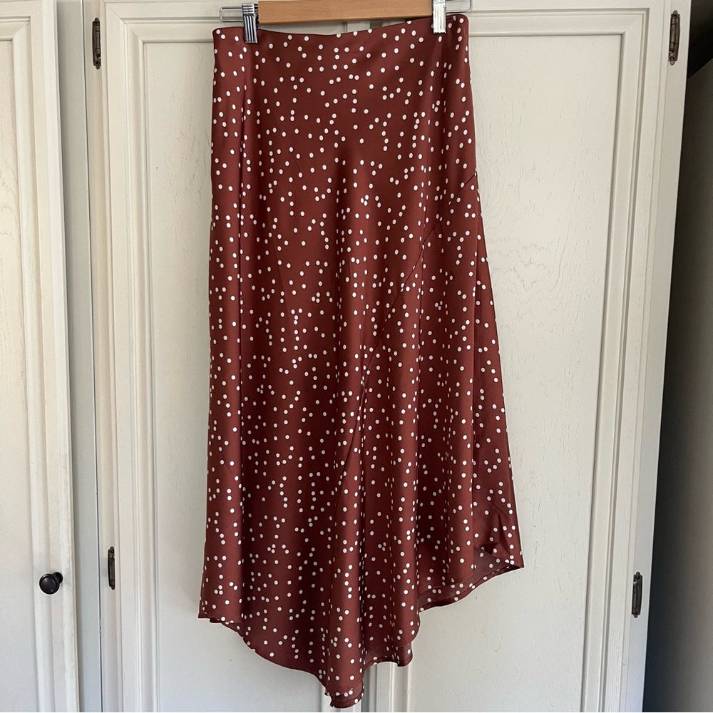Elastic Waist Brown Cream Polka Dot Midi Skirt Size M